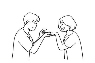 Loving man make proposal to excited woman. Caring happy male put engagement ring on smiling female finger. Marriage and relationship goal. Vector illustration. 