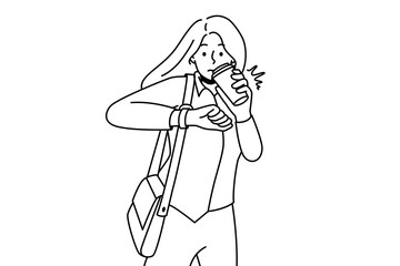 Young woman drink coffee from takeaway cup look at wristwatch worried to miss deadline. Girl student enjoy coffee check time on clock. Vector illustration. 