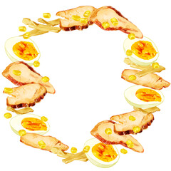 手描き水彩のラーメンの具イラスト正方形フレーム・円