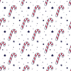 Candy cane seamless pattern. Caramel stick, lollipop illustration in doodle style. Christmas decoration