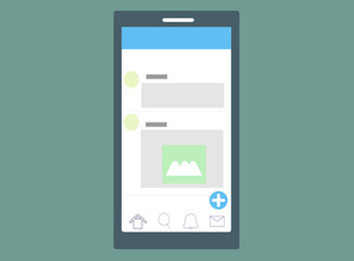 スマホとSNSの投稿、閲覧。メッセージアプリ。ベクターイラスト