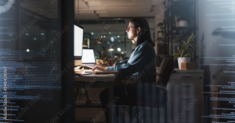 Poster Office woman and night coding with futuristic overlay for cyber security, programming and work. Programmer, code and overtime employee working with mockup computer and laptop screen at desk.