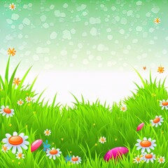 Background Template With Green Grass And Flowers