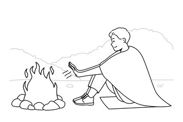 Young man sit on ground in nature warm hands at campfire at night. Smiling male relax on hiking trip in forest near fire. Vector illustration. 