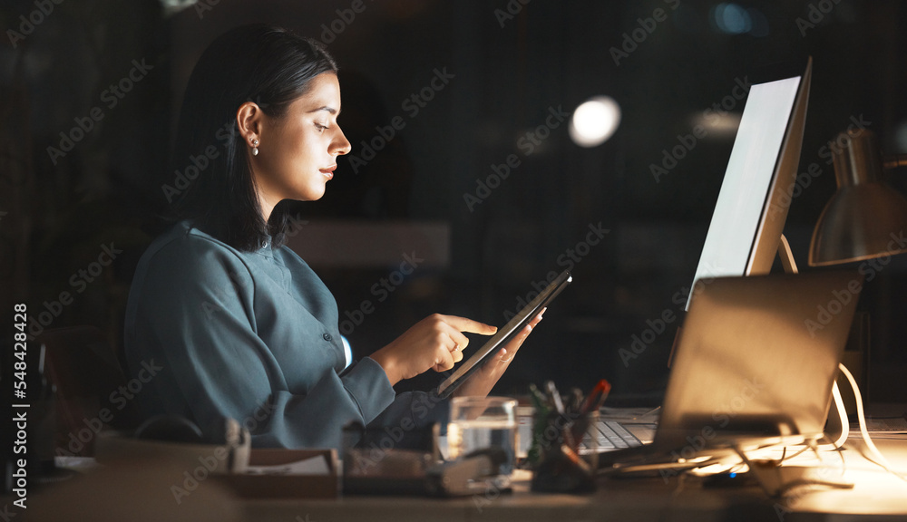 Poster Laptop, computer or business woman on tablet at night in office for research, cloud computing or planning marketing schedule. IT, programmer or developer working overtime review startup cybersecurity
