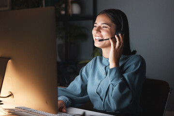 Happy call center , CRM or customer service woman for success consulting, communication or networking customer. Smile, telemarketing or sales advisor for help, support contact us on computer at night