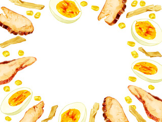 手描き水彩のラーメンの具イラスト長方形フレーム・囲み