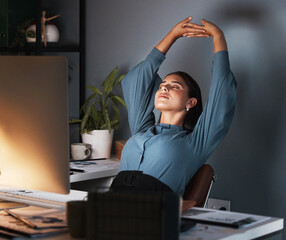 Business woman, stretching or tired at night in office with fatigue, late or planning online...