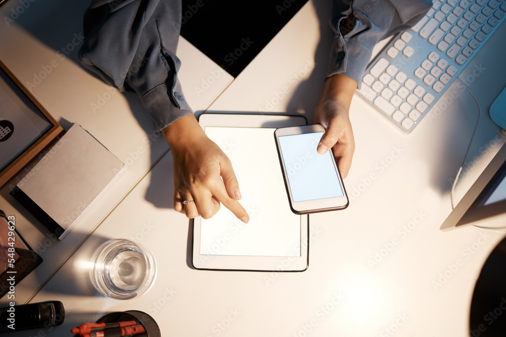 Poster Mockup, technology and hands of business woman with tablet and phone for digital, communication and internet with top view. Website, app and social networking with employee at desk for ui and 5g