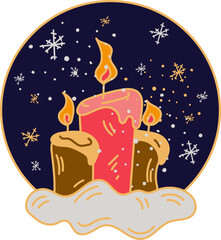 Christmas template with three candles on blue background with snowflakes around doodle style