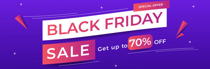 Black Friday and Cyber Monday banner long narrow header for website. 3d black and red realistic design and sale text. Stock vector illustration.
