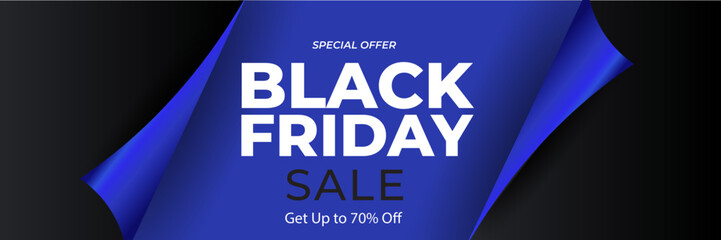 Obraz premium Black Friday and Cyber Monday banner long narrow header for website. 3d black and blue realistic design and sale text. Stock vector illustration.