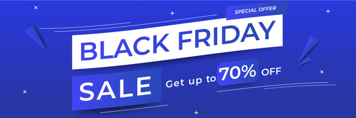 Black Friday and Cyber Monday banner long narrow header for website. 3d black and blue realistic design and sale text. Stock vector illustration.