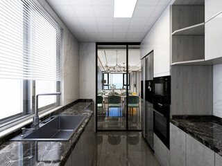 3D rendering, bright kitchen design