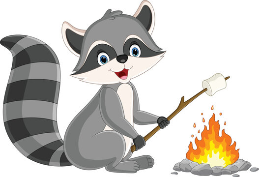 Cute raccoon cartoon roasting a marshmallow