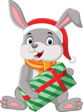 Cartoon rabbit wearing scarf and hat holding gift box