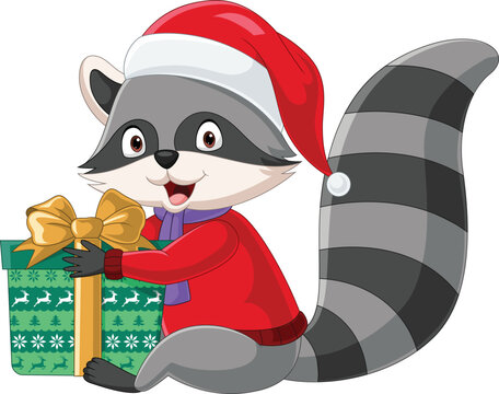 Cartoon raccoon in santa claus costume holding a gift box