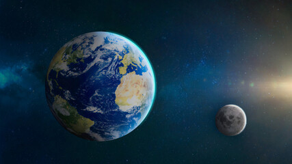 Planet earth and the moon in space, stars fill the sky, with sunlight, 3D illustration 