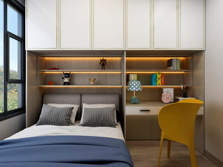 3D rendering, clean and tidy Nordic style bedroom design