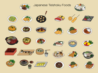 Japanese foods various illustration set