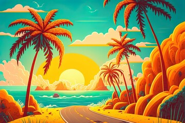 Obraz premium Suncartoon Style Landscape Beach Road With Palm Trees Sea