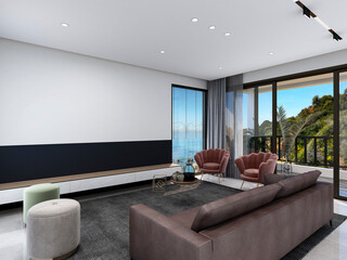 3D rendering, wooden Nordic style living room design