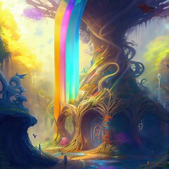 Fototapeta premium fantasy concept showing a big colorful rainbow in a enchanted fantasy garden. Digital art painting