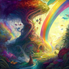 Fototapeta premium fantasy concept showing a big colorful rainbow in a enchanted fantasy garden. Digital art painting