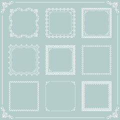 Vintage set of elements. White square elements for decoration and design frames, cards, menus, backgrounds and monograms. Classic patterns. Set of vintage patterns