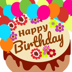 Happy Birthday typography vector design and background template. Colorful ballons and cake for birthday card