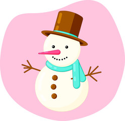 Cute snowman in scarf and cylinder hat, isolated item, flat cartoon vector illustration.