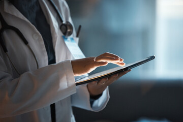 Telehealth, digital tablet and doctor hands for hospital innovation, software management and...
