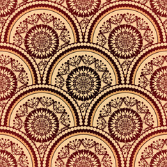 Vintage brown seamless pattern with circles with mandala, vector