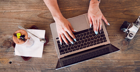 Coffee shop, laptop or photographer hands with camera for research, picture upload or social media...