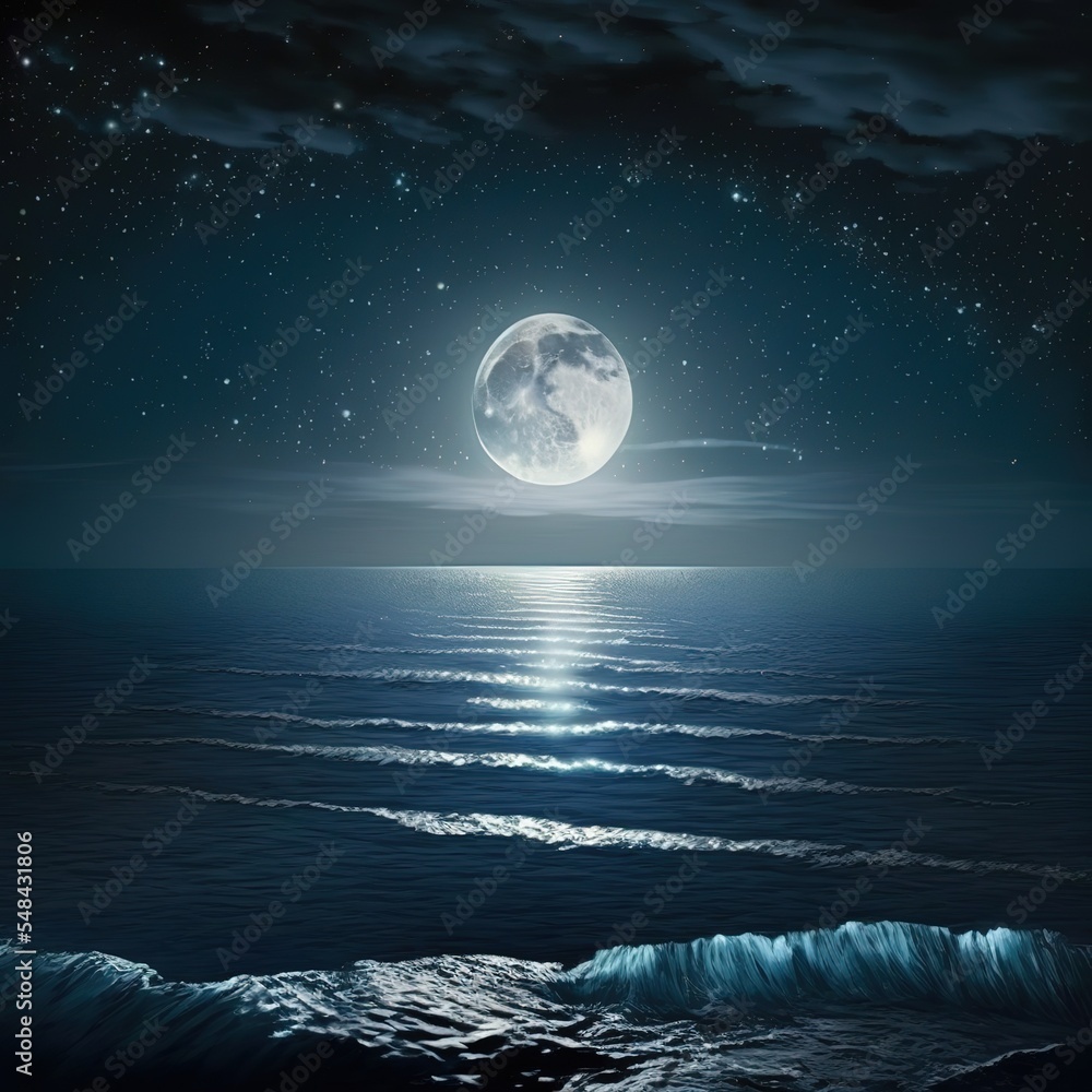 Poster the full moon illuminates the waters of the ocean. the reflection of the milky way can be seen on th