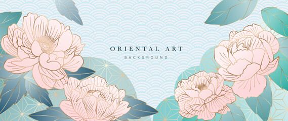 Luxury gold oriental style background vector. Chinese and Japanese oriental line art with gradient golden texture. Wallpaper design with blooming peony flowers and leaves for decoration, wall decor. - obrazy, fototapety, plakaty