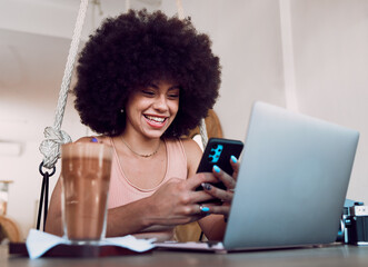 Fototapeta na wymiar Black woman, phone and smile for good news, social media or reading email in remote work at home. African American female smiling and enjoying communication texting with technology in networking