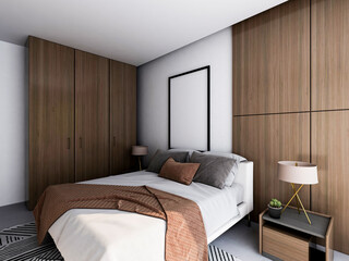 Obraz premium 3D rendering, clean and tidy Nordic style bedroom design