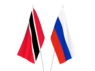 National fabric flags of Russia and Republic of Trinidad and Tobago isolated on white background. 3d rendering illustration.