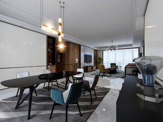 3D rendering, wooden Nordic style living room design