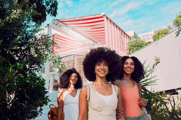 Black women, friends and summer relax, vacation and break together in san francisco. Happy, young...