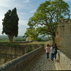 Fototapeta na wymiar Famille qui marche vers une tourne en ruine de la forteresse de Chinon dans le Val de Loire, c'est un ensemble composé de trois châteaux : fort du Coudray, château du Milieu, et fort Saint-Georges 