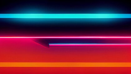 Abstraction. Neon blue stripe at the top of the composition, on a black background. Rose red color at the bottom of the picture.