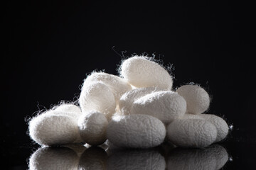 natural silkworm cocoons isolated on black background.