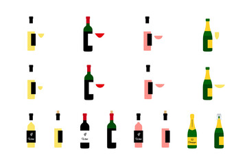 Wine bottles with glasses icons set isolated PNG
