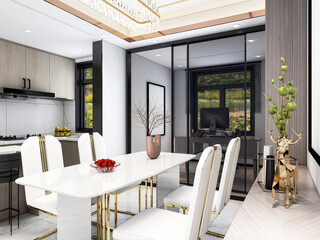 3D rendering, bright kitchen design
