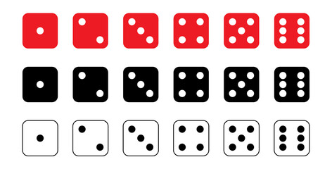 Dice graphic icons set. Red, white, black game dice cubes from one to six dots. Gambling objects to play in casino, poker. Six faces of cube. Traditional die with numbers of dots from 1 to 6. Vector - obrazy, fototapety, plakaty