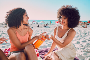 Sunscreen, beach and black woman friends with skincare for summer sunshine, outdoor wellness or...