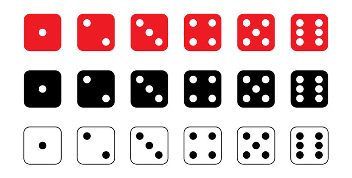 Dice graphic icons set. Red, white, black game dice cubes from one to six dots. Gambling objects to play in casino, poker. Six faces of cube. Traditional die with numbers of dots from 1 to 6. Vector