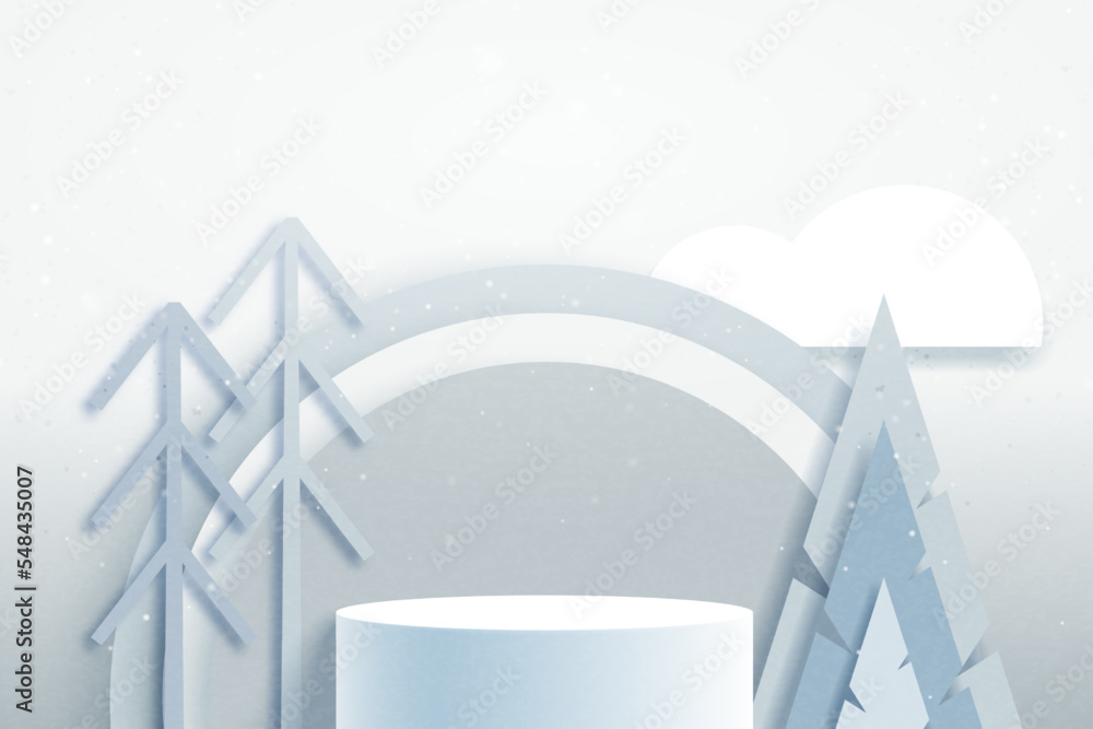 Poster abstract 3d white cylinder pedestal podium and pine trees on geometric background. minimal winter sc